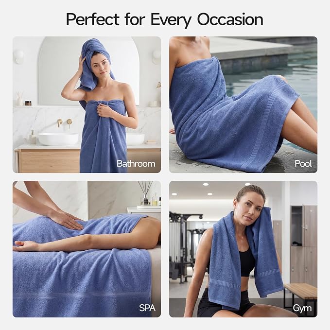 ecolook Bath Towels Set of 4, 100% Cotton, 27 x 55 Inches, Quick-Drying & Absorbent, Lightweight, Soft Towels for Bathroom,Shower,Spa, Gym & Hotel, Dark Blue