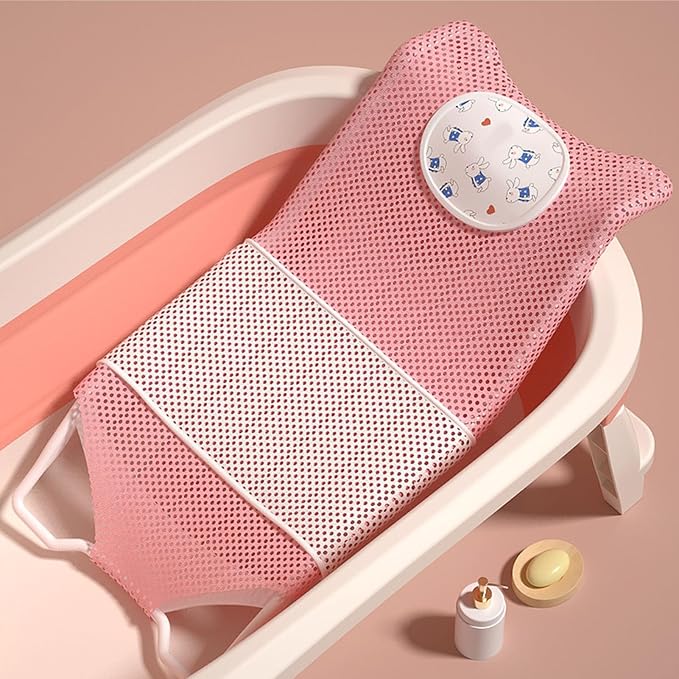 Baby Bath Seat Support, Non Slip Mesh Cushion Portable Bath Tub Seat Net for Newborns to Toddlers Pink PP Material with Pillow and Slip Pad