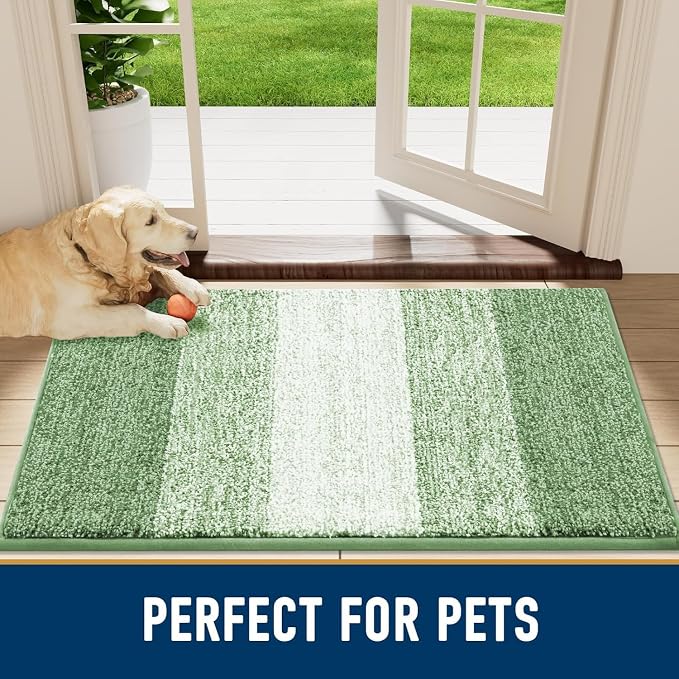 Smiry Dog Door Mat for Muddy Paws, Absorbs Moisture and Dirt, Low-Profile Entryway Mat with Non-Slip Backing, Entry Indoor Outdoor Doormat for Inside Floor (40x24 Inches, Sage Green, Striped)