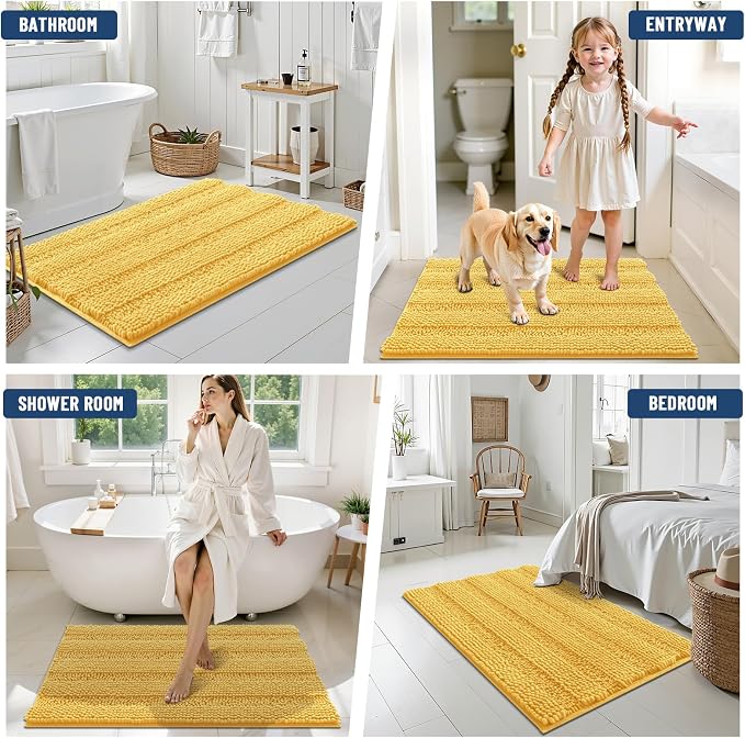 Grandaily Chenille Striped Bathroom Rugs 70x24, Extra Thick and Soft Absorbent Bath Mats, Rubber Backing, Plush Shaggy Shower Carpet, Machine Wash Dry, Bath Rug for Bathroom, Light Yellow