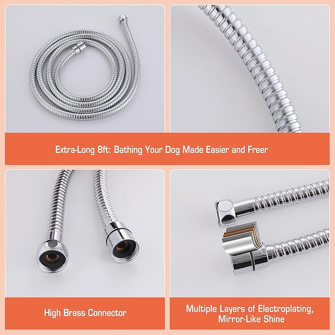Dog Shower Attachment Kit with Handheld Sprayer – 8FT Flexible Stainless Steel Hose + Shower Arm Diverter – High Pressure Pet Bath Wand for Medium & Large Dogs, Long Thick Coat, Indoor All-Year Use