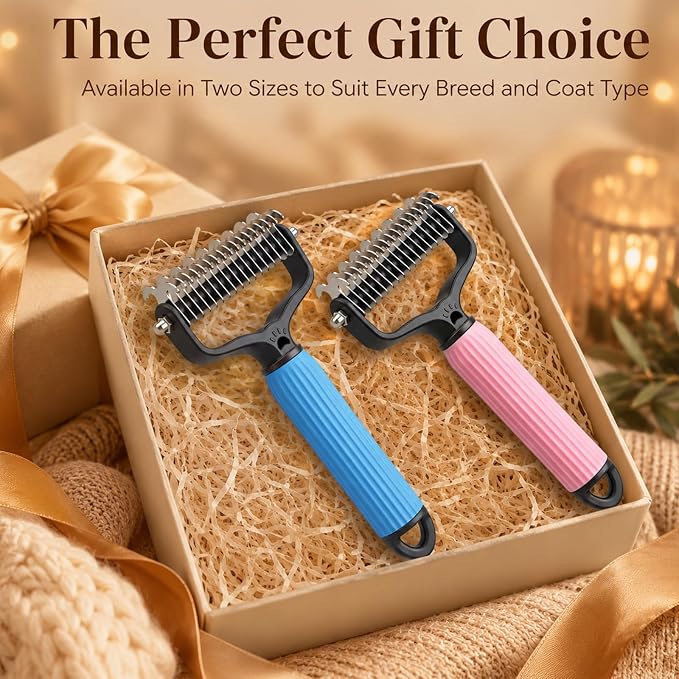 Double Sided Dematting Comb for Cats & Dogs, Undercoat Rake, Pet Grooming Brush for Long Hair, Deshedding Dog Brush Removes Tangles Knots and Loose Fur, Grooming Tool for Thick Coats (2PCS-A)