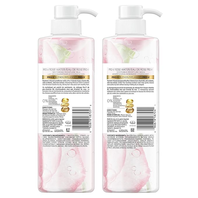 Pantene Sulfate Free Shampoo and Conditioner Set, Rose Water, Soothing and Moisturizing, Infused with Vitamin B5, for all Hair Types, Safe for Color Treated Hair, Pro-V Blend, 17.9 Fl Oz Each, 2 Pack