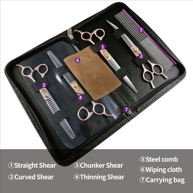 7.5'' Professional Dog Grooming Scissors Set Rose Gold 440C Stainless Steel Straight Thinning Curved Chunker Shears 4pcs Set for Pet Grooming Services Dogs and Cats
