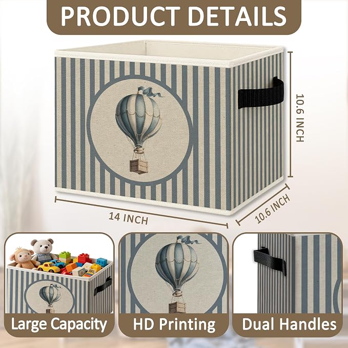 Hot Air Balloon Boy Storage Bins Box with Handles, Kids Decor for Boys, Blue Striped Balloon Collapsible Organizer Basket for Kids Nursery Room Bedroom Playroom Toys Books