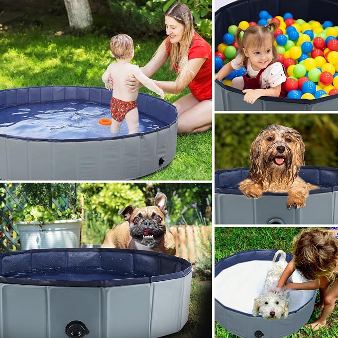 Eooqi Foldable Dog Pool, Portable Pet Bath Tub and Kiddie Swimming Pool, Collapsible Bathtub for Puppies, Small, Medium and Large Dogs, Cats and Kids, 63 x 12 in, Gray