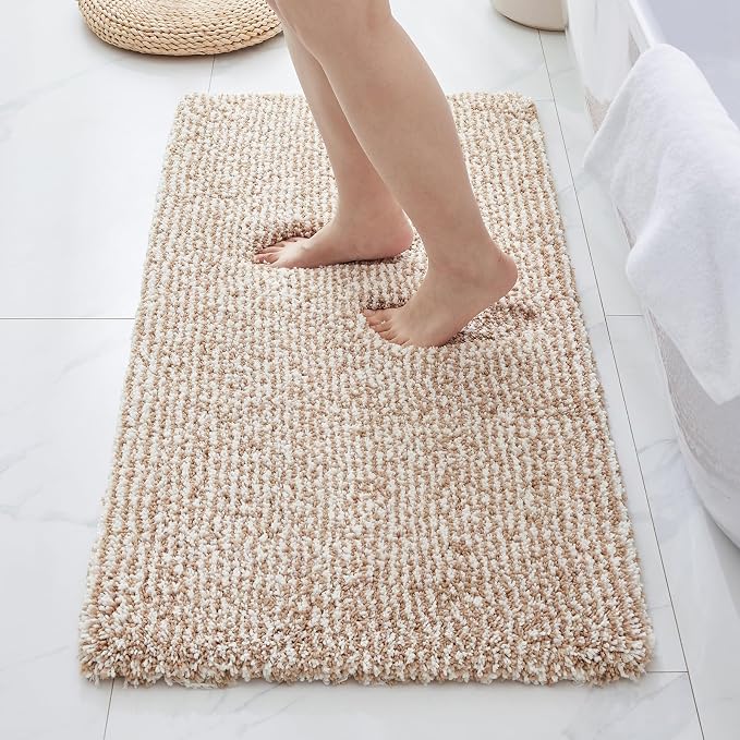 ILANGO Beige and White Bathroom Rugs 48" × 24" Non Slip & Super Absorbent Extra Thick Soft, Washable Bath Mat for Floor, Microfiber Plush Shaggy Bath Rug with Rubber for Bathtub Shower Room Sink