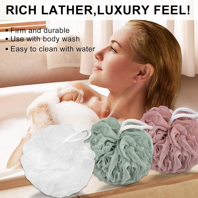 Loofah Charcoal Bath Shower Sponge Body Scrubber,75g Exfoliate Mesh Pouf Shower Bouquet,3 Pack Large Bath Sponge for Women and Men(White Pink Green)