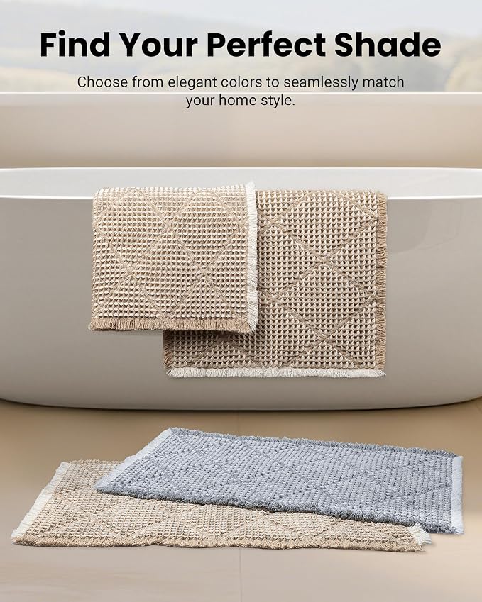 Furicher Waffle Bath Mat Set, Non Slip Bathroom Rugs Sets 2 Piece, Ultra Absorbent Long Bath Rug Runner for Bathroom Boho Chic Decor, Machine Washable Floor Mats, Brown & White, 20"×47" Plus 18"×30"