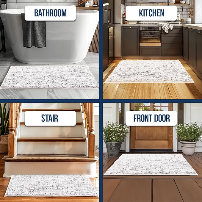 Muddy Mat® | Chenille Bathroom Rugs Quick Dry Microfiber Mats Non Slip Washable, Extra Thick, Soft and Highly Absorbent Bath Mats for Bathroom, Kitchen, and Shower Floor - White 35"x59"