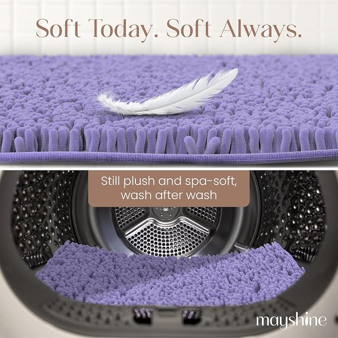 MAYSHINE Small Plush Shaggy Chenille Bath Mat 24"x17" Extra Soft, Super Absorbent, Non-Slip Bathroom Rug | Fluffy Microfiber, Area Rug Sets for Bathroom Floor, Kitchen, Living Room | Lavender