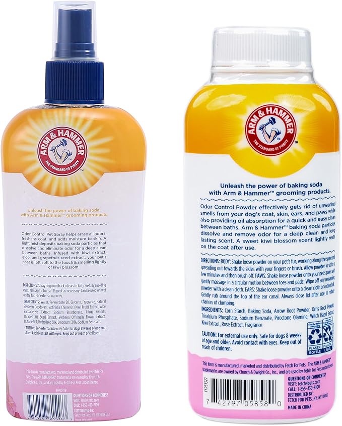 Arm & Hammer Dog Odor Control Bundle - Super Deodorizing Spray (Kiwi Blossom, 8 oz) & Dry Shampoo Powder (Kiwi Blossom, 4.2 oz), Odor Eliminator for Dogs & Puppies