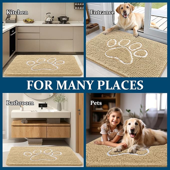 OLANLY Dog Door Mat for Muddy Paws 24x16, Paw Print Design, Absorbs Moisture and Dirt, Absorbent Non-Slip Washable Doormat, Quick Dry Chenille Mud Mat for Dogs, Entry Indoor Entryway Carpet, Beige