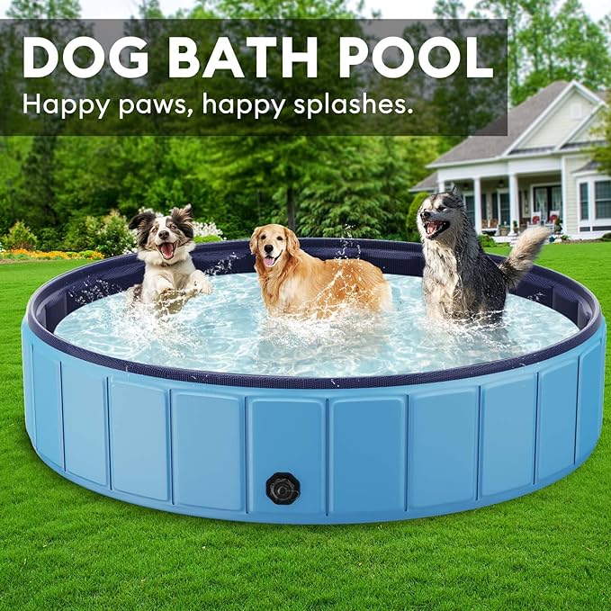 Extra Large Foldable Dog Pool for Giant Dogs, 120” Collapsible Hard-Side Dog Swimming Pool, Leakproof PVC Portable Pet Bath & Kiddie Pool, Non-Slip Bottom, Outdoor Backyard, Blue