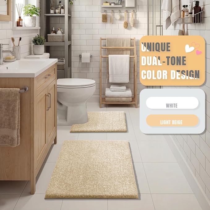 Yimobra Cushioned Anti-Fatigue Bathroom Rug, Bath Mat Non Slip Washable, Dense Soft Microfiber for Bathroom Sink, Shower, Tired Feet Comfort, Absorbent, 32" X 20", Light Beige and White
