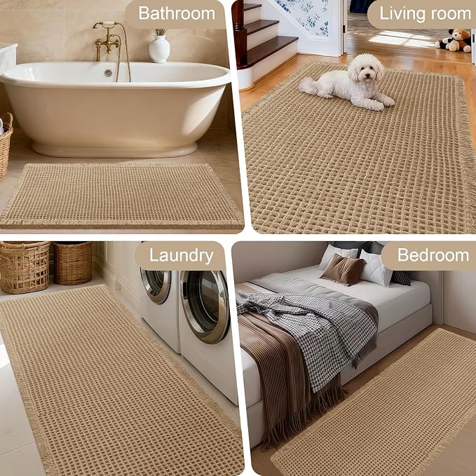 ACCUMTEK Upgraded Waffle Bath Mat, 24"x17" Beige, Super Absorbent Non-Slip Quick Dry Bathroom Rugs with Tassels, Machine Washable Ultra Soft Boho Bath Rugs for Floor, Toilet Mats Boho Farmhouse Decor