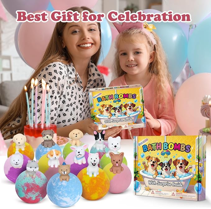 Bath Bombs for Kids with Surprise Toys Inside, 12 Pack Kids Bath Bombs with Puppy Dolls & Dog Pretend Playset, Easter Birthday Gifts for Girls Boys, Handmade Bubble Bath Fizzies Ball Gift Set