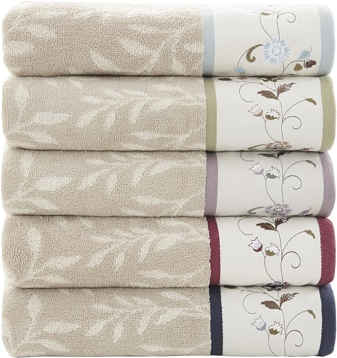Madison Park Serene 100% Cotton Bath Towel Set Luxurious Floral Decorative Towels for Bathroom Embroidered Cotton Jacquard Design Soft Highly Absorbent for Shower 600 GSM, Multi-Sizes, Navy 6 Piece