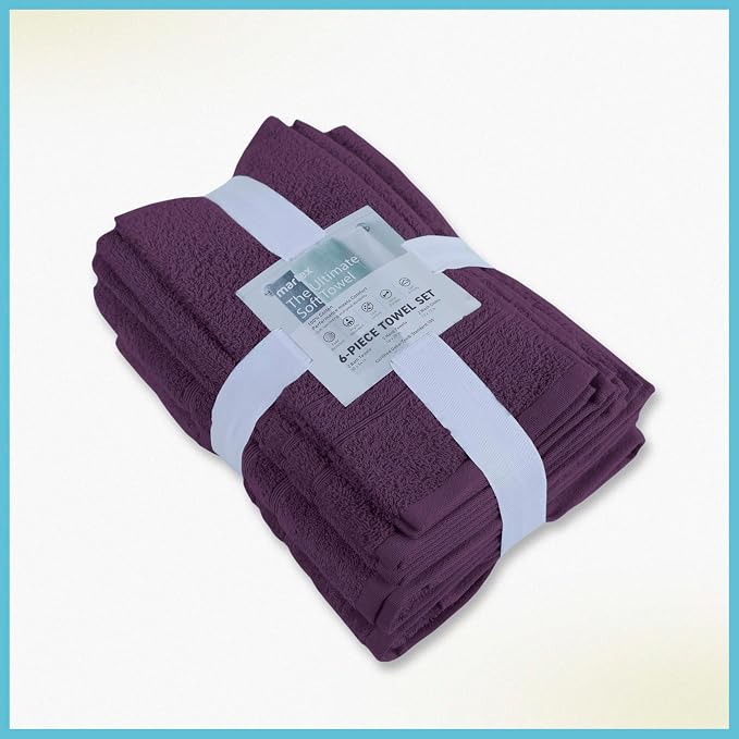 Martex Ultimate Performance 6-Piece Towel Set, Dark Purple | 100% Cotton, Supersoft & Absorbent, Low-Linting, Easy Care, Versatile, 2 Bath Towels, 2 Hand Towels, 2 Wash Cloths