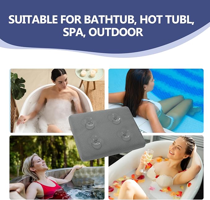 MABOZOO Bath Cushion for Tub with Powerful 4 Non-Slip Suction Cups,Quick Dry Mesh Bathtub Mat,Spa Pillow Bath Accessories for Adults Indoor Outdoor (Gray)