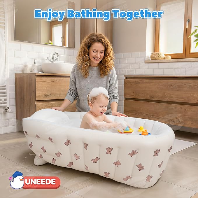 UNEEDE Inflatable Baby Bathtub, Portable Baby Tub with Built-in Air Pump | Anti-Slip Design with Big Drain, Perfect for 0-6 Months Newborn and up, Ideal for Home Travel & Beach
