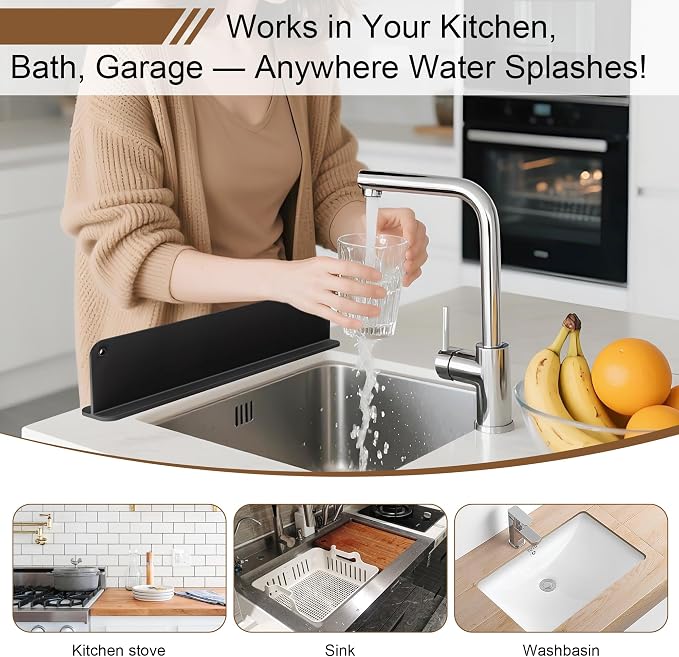 Mofason Silicone Sink Splash Guard for Kitchen Water Splash Guard, Black | 17.3"x4.1" sink splash guard for kitchen sink area suction cups, sink backsplash guard Fits front edge counter behind faucet