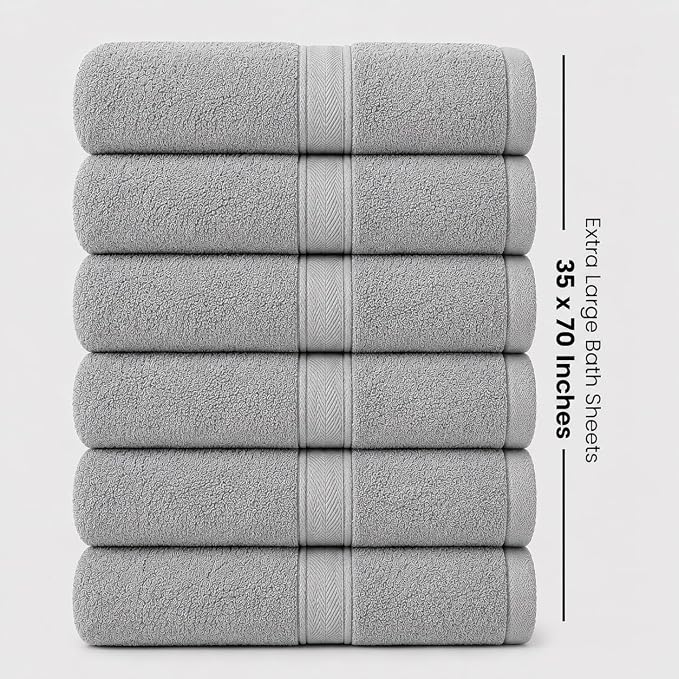 Terry Bath Sheet Set of 6 L Grey Bath Towels Set 35x70 Inches, 100 Combed Long Staple Cotton 600 GSM Highly Absorbent Ultra Soft Oversized Large Luxury Hotel & Spa Quality Bathroom Towels Set