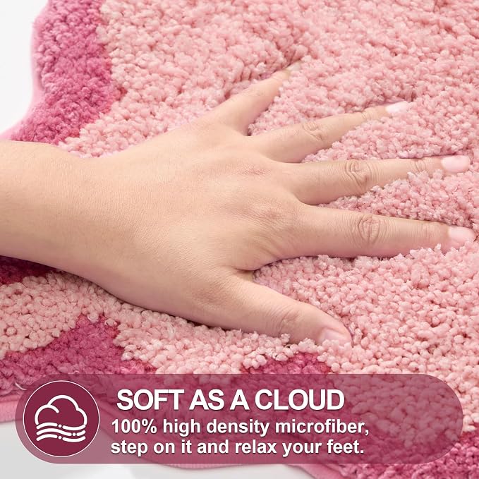 ORTIGIA Long Cute Scalloped Bathroom Rugs Runner, Fun Candy Pink Plush Microfiber Scallop Bath Mats Non Slip Washable Quick Dry Absorbent, Rug Carpet for Bathtub Sink Laundry Room Bedroom, 17x47