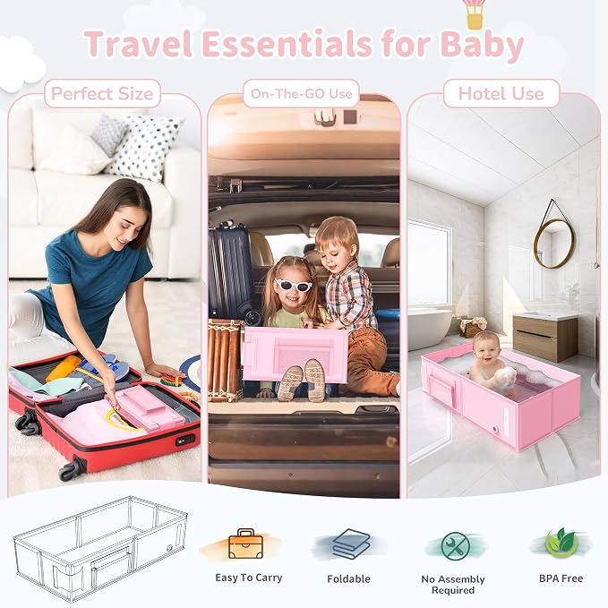 Foldable Baby Bathtub, Converts Shower to Tub, 2-in-1 Portable Toddler Tub with Rinse Cup, No Assembly Easy to Clean, Space-Saving Collapsible Baby Bath Tub for Small Bathroom, Travel & Camping, 6M-5Y