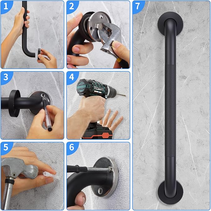 2 Pack 16 Inch Shower Grab Bars for Seniors Bathroom, Black Stainless Steel Safety Support Handles for Shower, Anti Slip Grab Bar for Bathroom, Handicap Elderly Injury Pregnant Assist Bath Handle