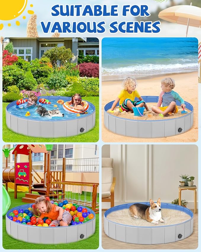 Portable Dog Pool PVC Pet Swimming Pool Bathtub Collapsible Dog Pool, Hard Plastic Pool for Pets to Swim and Bath (L-47"x 12" Light Grey)