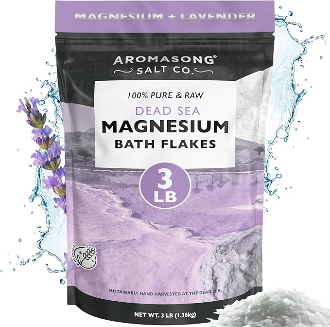 Aromasong RAW Magnesium Bath Flakes with 100% Natural Lavender, 3 LB Muscle Relaxing Organic Salts Mg Chloride, Mineral Soak. (Packaging May Vary)
