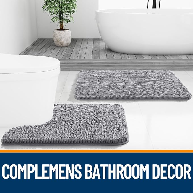 OLANLY Small Bathroom Rugs 24x16, Extra Soft Absorbent Chenille Bath Rugs, Rubber Backing Quick Dry, Machine Washable Bath Mats for Bathroom Floor, Tub and Shower, Home Decor Accessories, Grey