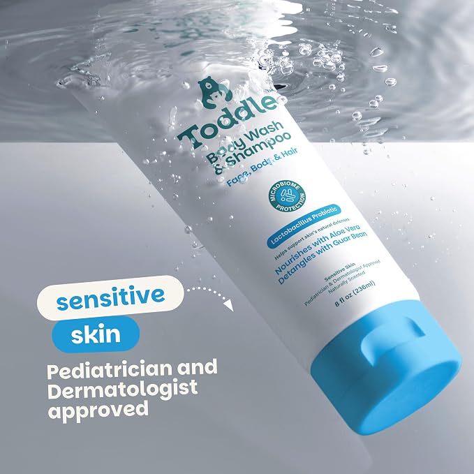 Toddle 3-in-1 Probiotic Baby Shampoo and Body Wash, Plant-Based Kids’ and Toddler Body Wash for Sensitive Skin with Aloe and Lactic Acid, Fragrance-Free, Pediatrician Tested, 8 oz