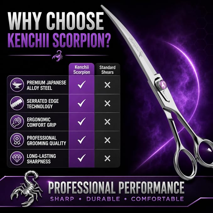 Kenchii Scorpion Dog Grooming Scissors, 7 Inch Curved Shears, Dog Scissors for Grooming, Professional Pet Grooming Scissors, Heavy Duty, Durable and Sharp