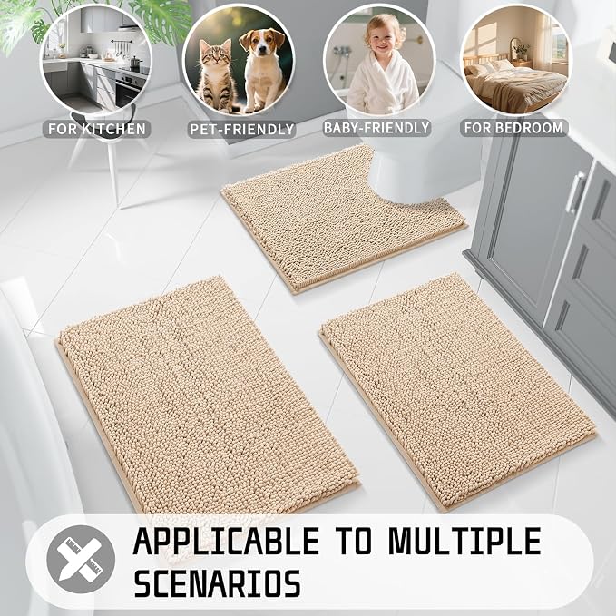 Yimobra Washable Bathroom Rugs, Super Soft & Absorbent Chenille Bath Mat for Floor & Carpet, Quick Dry Non Slip Bath Mat for Tub Shower, 24" x 17",Beige