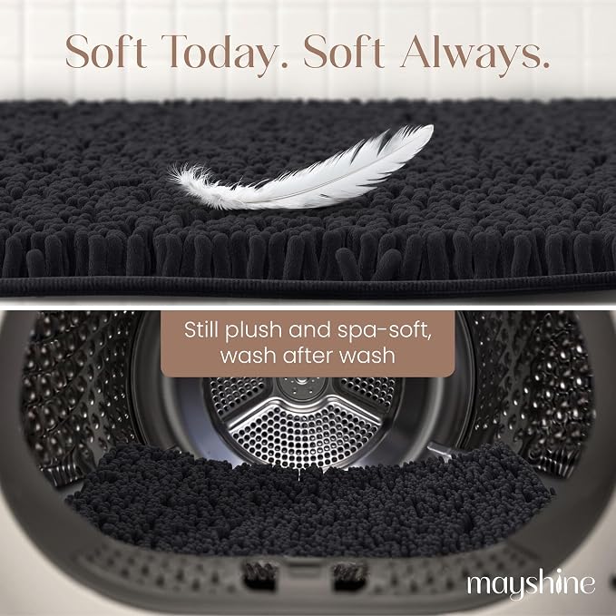 MAYSHINE Small Plush Shaggy Chenille Bath Mat 23"x14"| Extra Soft, Super Absorbent, Non-Slip Bathroom Rug | Fluffy Microfiber, Area Rug Sets for Bathroom Floor, Kitchen, Living Room |Black
