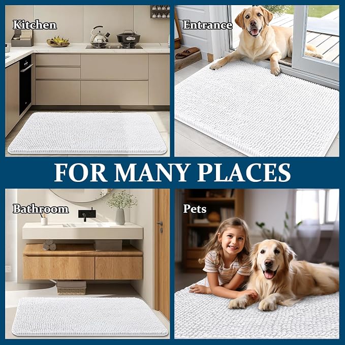 OLANLY Dog Door Mat for Muddy Paws 44x32, Absorbs Moisture and Dirt, Absorbent Non-Slip Washable Doormat, Quick Dry Chenille Mud Mat for Dogs, Entry Indoor Entryway Carpet for Inside Floor, White