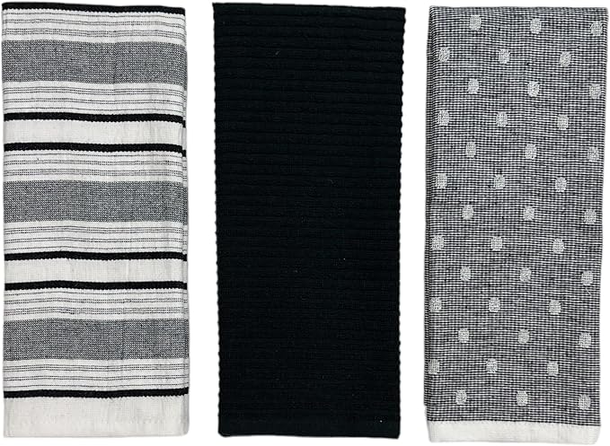 Black White Kitchen Hand Dish Towels: Oversized 28" x 16",100% Cotton Cloth Soft Cleaning Drying Absorbent Striped Solid Polka Dot Design, Set of 3 Multipurpose for Everyday Use (Black Austin)