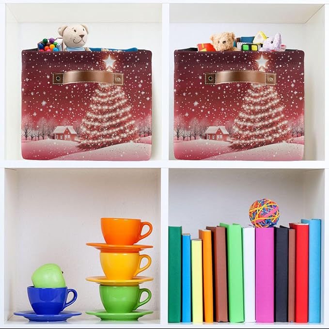 Christmas Tree Red Storage Basket with Waterproof Liner and PU Handles Xmas Winter Snow Scene Storage Bins Boxes 14.2" Collapsible Decorative Organizer Baskets for Bedroom Closet Office 2 Pack
