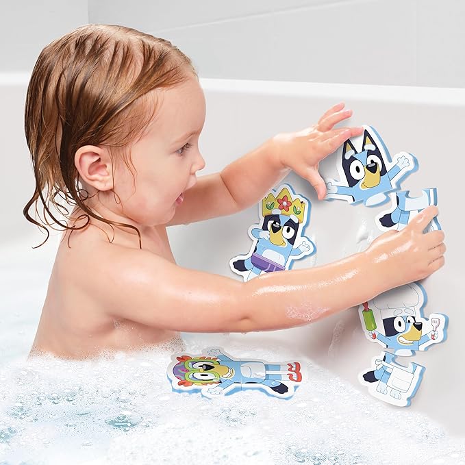 Tomy Toomies Bluey Bath Puzzle - Mix and Match Bluey Puzzle - Foam Toddler Bath Toys - Includes Mesh Bag Bath Toy Storage with Suction Cups - 8 Count - 18 Months and Up