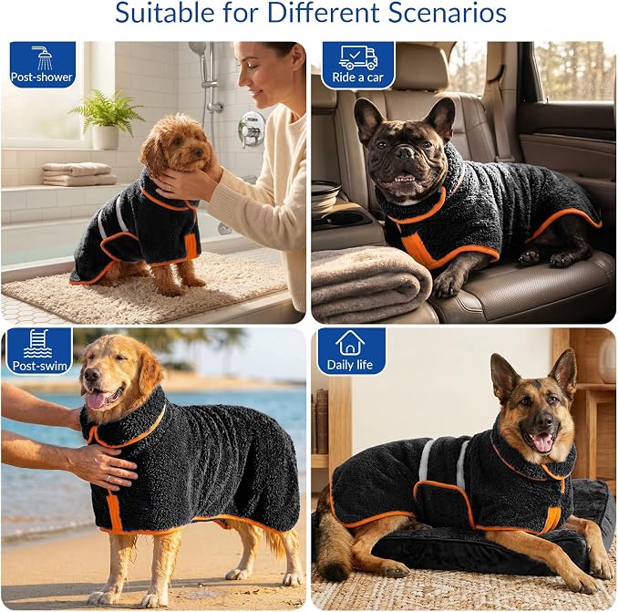Bienbee Dog Bathrobe, Quick Drying Super Absorbent Pet Robes for Small Medium Large Dogs, Drying Coat for After Bath & Swim, Warm & Cozy Dogs Towels, Dog Puppy Bath Supplies, Black L