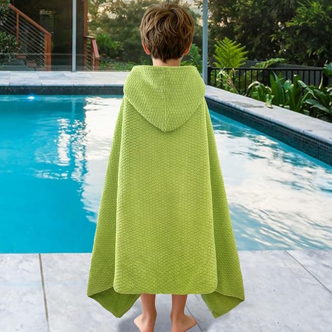 VOOVA & MOVAS Hooded Bath Towels for Kids | Soft Absorbent 100% Cotton Thick Towel Wrap | Versatile Beach, Pool, Swim & Bath Cover-Up | Grass Green Solid Waffle