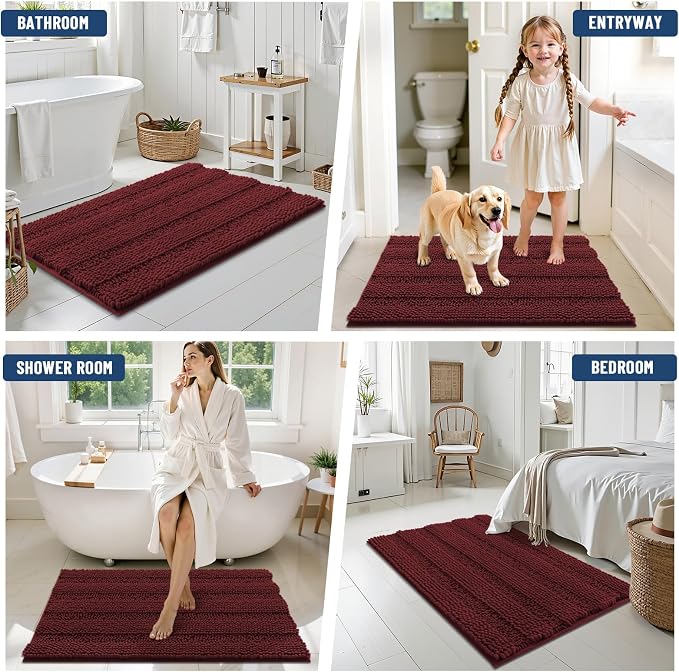 Grandaily Chenille Striped Bathroom Rugs 36x24, Extra Thick and Soft Absorbent Bath Mats, Rubber Backing, Plush Shaggy Shower Carpet, Machine Wash Dry, Bath Rug for Bathroom, Reddish Brown