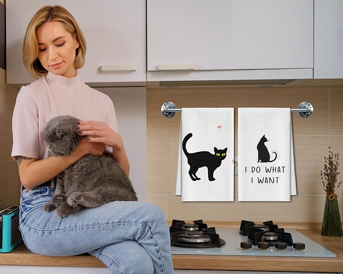 Kitchen Towels Set of 2, Black Cat Dish Towel for Kitchen, Decorative Hand Towels for Bathroom, Fast Drying Tea Towel with Funny Sayings, Housewarming Gifts for Cat Lover Women Mom -B05