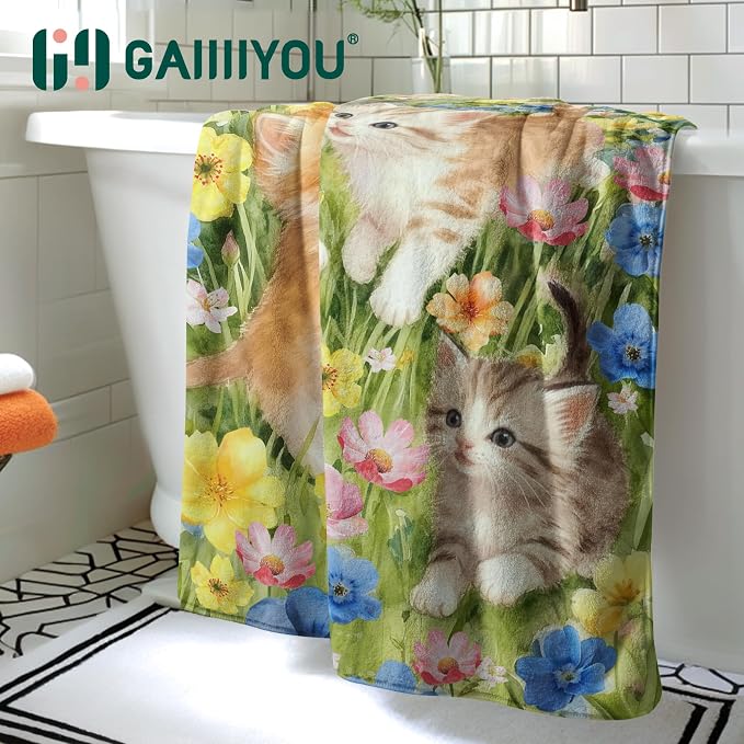Cute Cat Floral Bath Towels Highly Absorbent Coral Fleece Oversized Bathroom Towel for Cat Lover