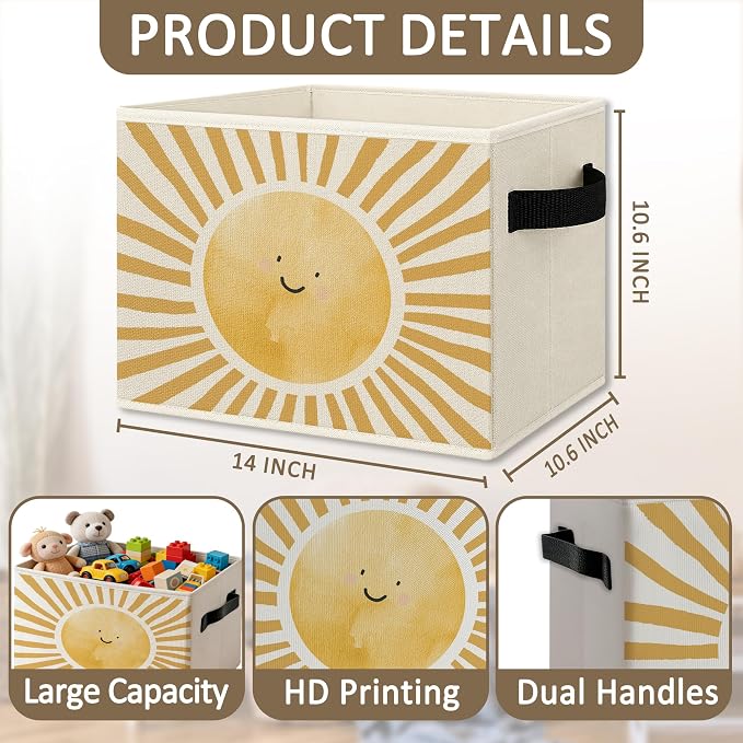 Boho Sunshine Classroom Foldable Storage Bins Box with Handles, Cute Boho Abstract Sunshine Collapsible Organizer Basket for Kids Nursery Classroom Playroom Toys Books