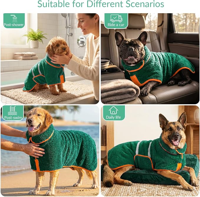 Bienbee Dog Bathrobe, Quick Drying Super Absorbent Pet Robes for Small Medium Large Dogs, Drying Coat for After Bath & Swim, Warm & Cozy Dogs Towels, Dog Puppy Bath Supplies, Green XXL