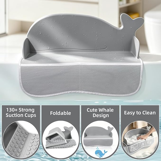 MCGMITT Bathtub Splash Guard, 2PCS Silicone Bath Shelf for Kid, Bath Toys Storage with 130 Suction Cups & Storage Mesh Pockets, Whale Foldable Toddler Bath Tray Tub Water Blocker, Prevent Water Spills
