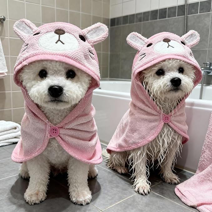 Dog Hooded Bathrobe Towel Fast Drying Absorbent Bath Warm Blanket | Pink S